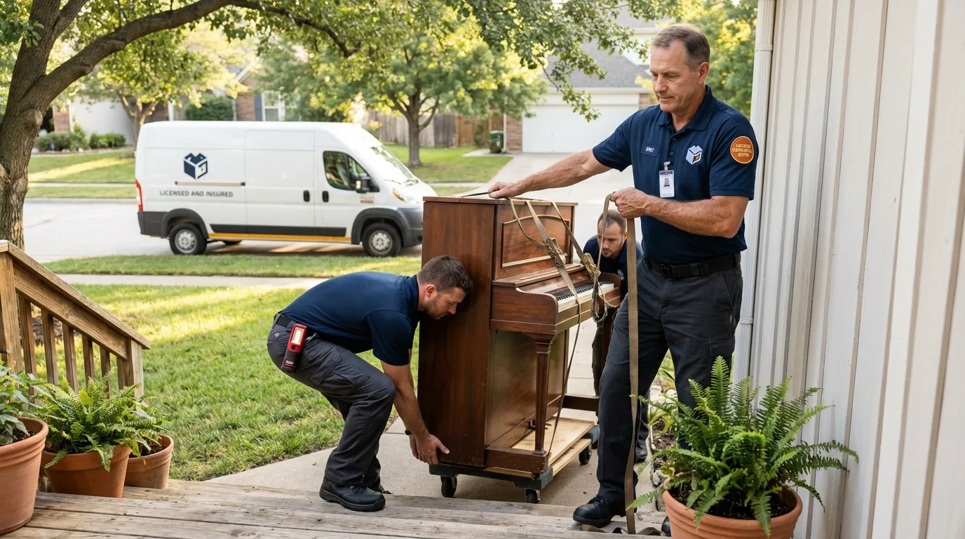 Licensed piano movers securing grand piano in Portage, PA