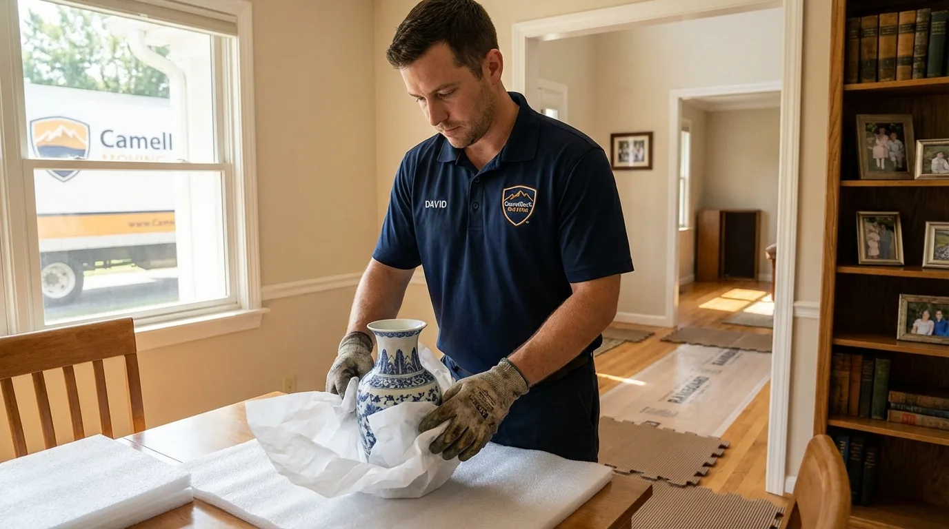 Professional crew carefully wrapping antique vase for senior downsizing move in Portage, PA